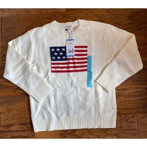 Mighty Fine American Flag Sweater Cream Knit Crew Neck Patriotic Mens Large NEW
